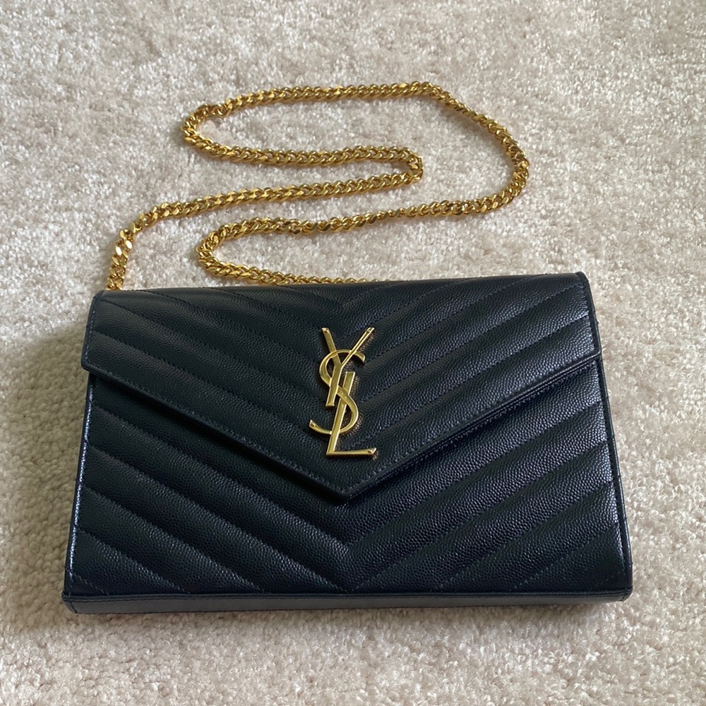 Authentic Yves Saint Laurent Large Monogram Quilted Leather Wallet on a Chain